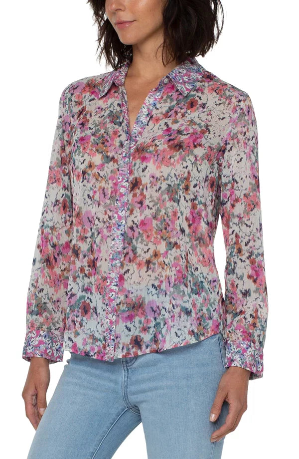 LIVERPOOL PAINTED FLORAL BUTTON FRONT TOP from Raggdoll Boutique, perfect for summer outfits Texas and trendy coastal style.