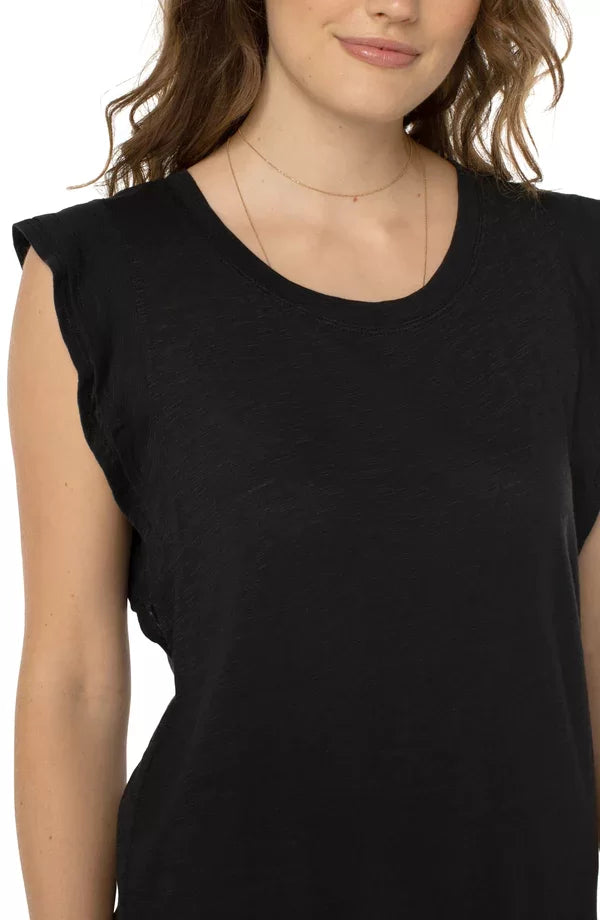 LIVERPOOL BLACK FLUTTER SLEEVE SLUBKNIT TEE featuring stylish flutter sleeves for trendy coastal style from Raggdoll Boutique.