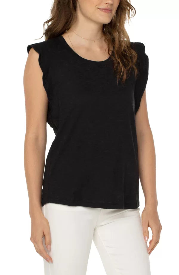 LIVERPOOL BLACK FLUTTER SLEEVE SLUBKNIT TEE worn with white pants, perfect for summer outfits Texas.