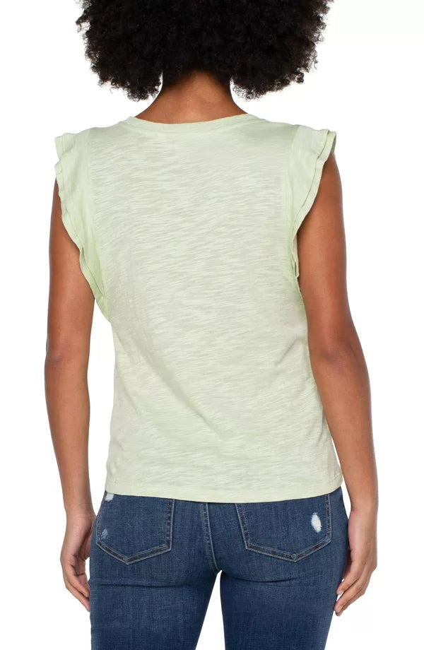 LIVERPOOL CELADON FLUTTER SLEEVE TOP displayed in a women's fashion style from Raggdoll Boutique.