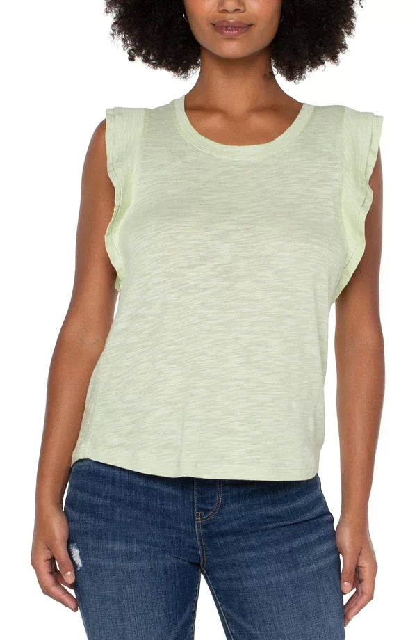 LIVERPOOL CELADON FLUTTER SLEEVE TOP displayed on a model, perfect for summer outfits Texas, from Raggdoll Boutique.