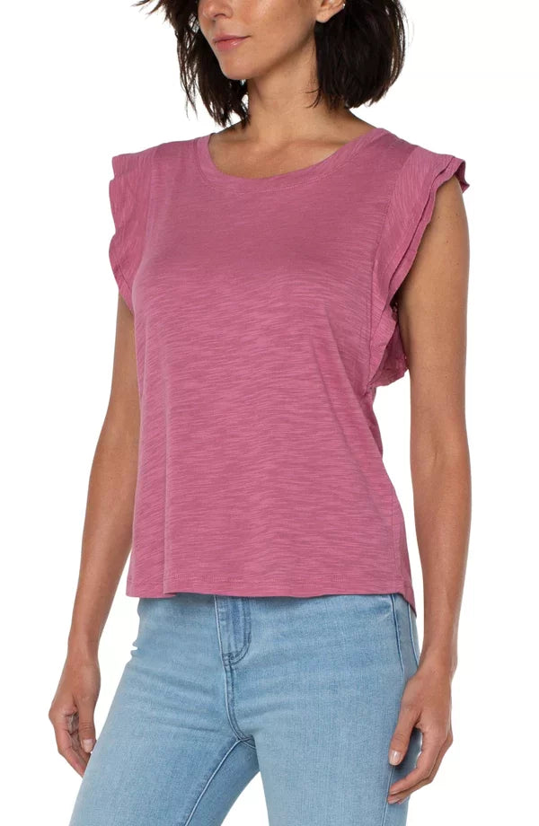 LIVERPOOL WILD ROSE FLUTTER SLEEVE SLUB KNIT TOP displayed on a model, perfect for summer outfits Texas.