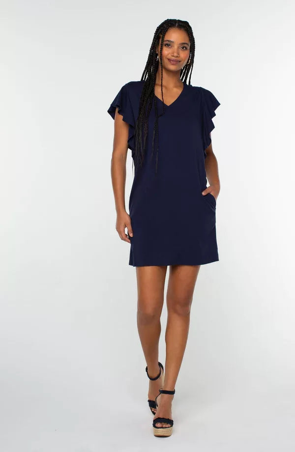 LIVERPOOL COSMIC NAVY FLUTTER SLEEVE DRESS from Raggdoll Boutique perfect for summer outfits Texas.