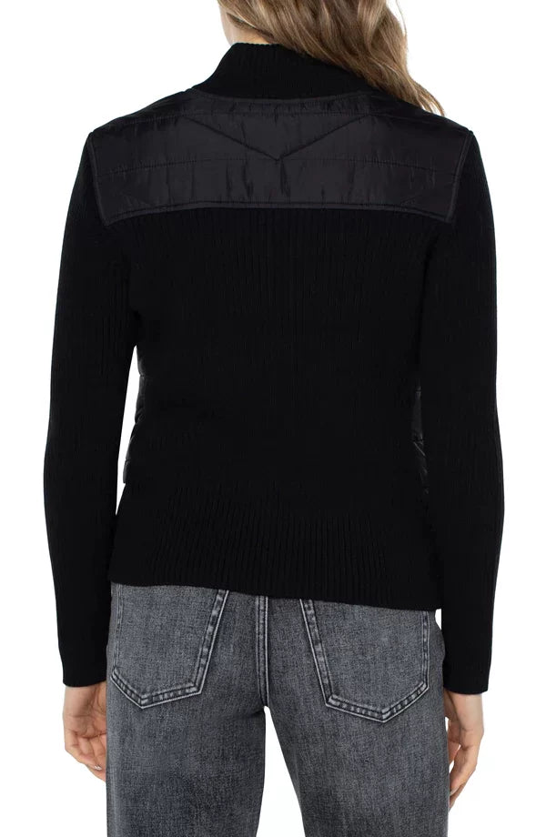 LIVERPOOL QUILTED FULL ZIP SWEATER-BLACK back view, perfect for casual outings and stylish evenings, Raggdoll Boutique.