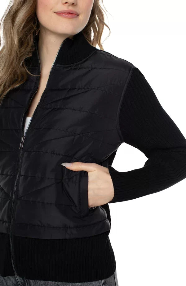 LIVERPOOL QUILTED FULL ZIP SWEATER-BLACK displayed on model, showcasing its trendy coastal style, ideal for casual outings.