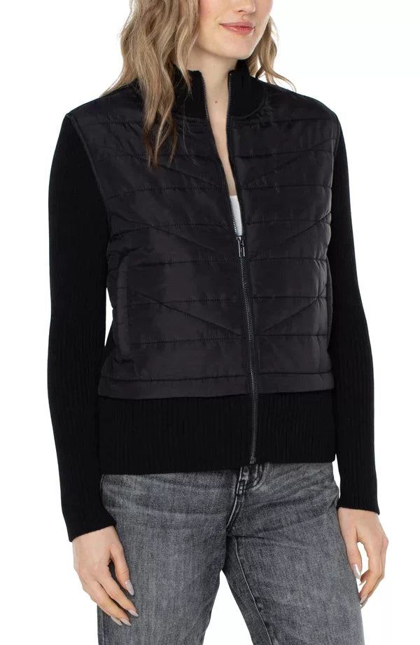 LIVERPOOL QUILTED FULL ZIP SWEATER-BLACK worn by a woman, styled for casual and night outfit options.