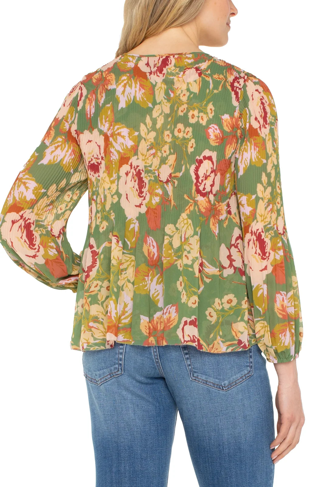 Green Floral Multi Pleated Top