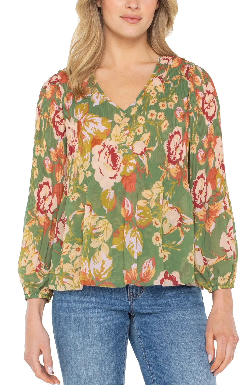 Green Floral Multi Pleated Top