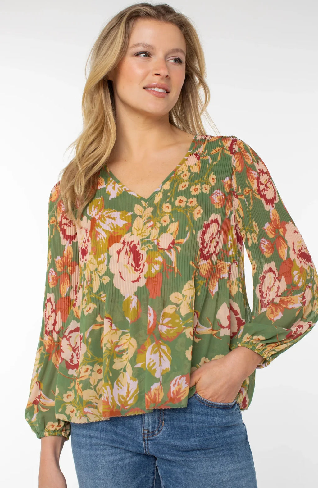 Green Floral Multi Pleated Top