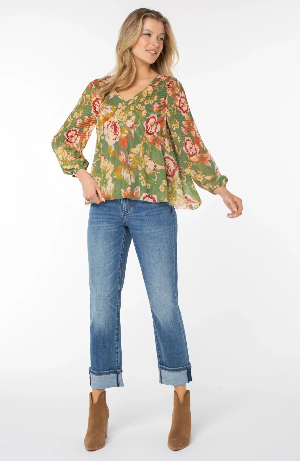 Green Floral Multi Pleated Top