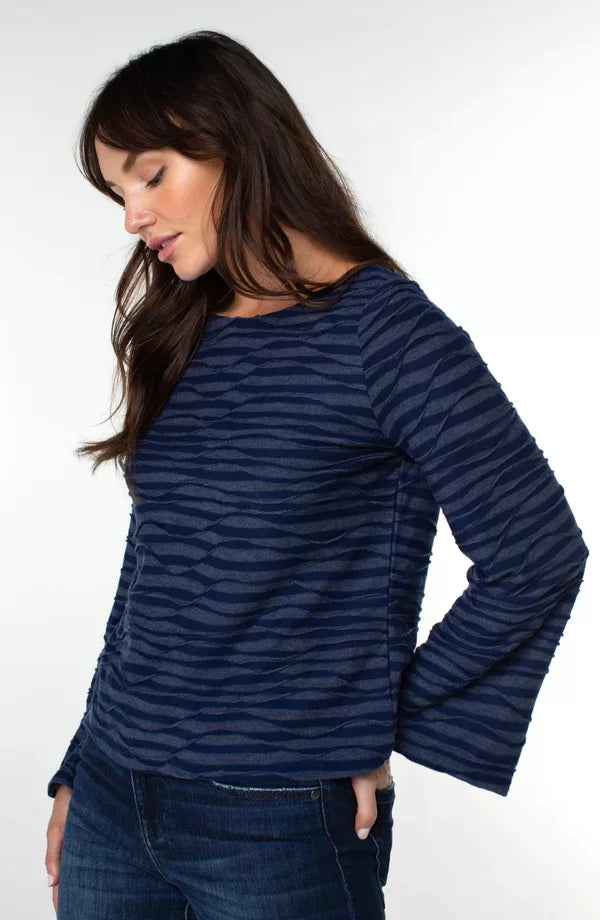 LP NAVY WAVE STRIPE FLARE SLEEVE KNIT TOP showcased in trendy coastal style, perfect for summer outfits Texas.