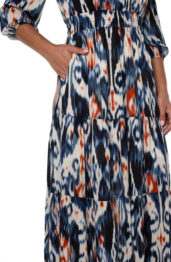 LP IKAT PRINT MAXI dress detail featuring vibrant print, perfect for summer outfits Texas from Raggdoll Boutique.