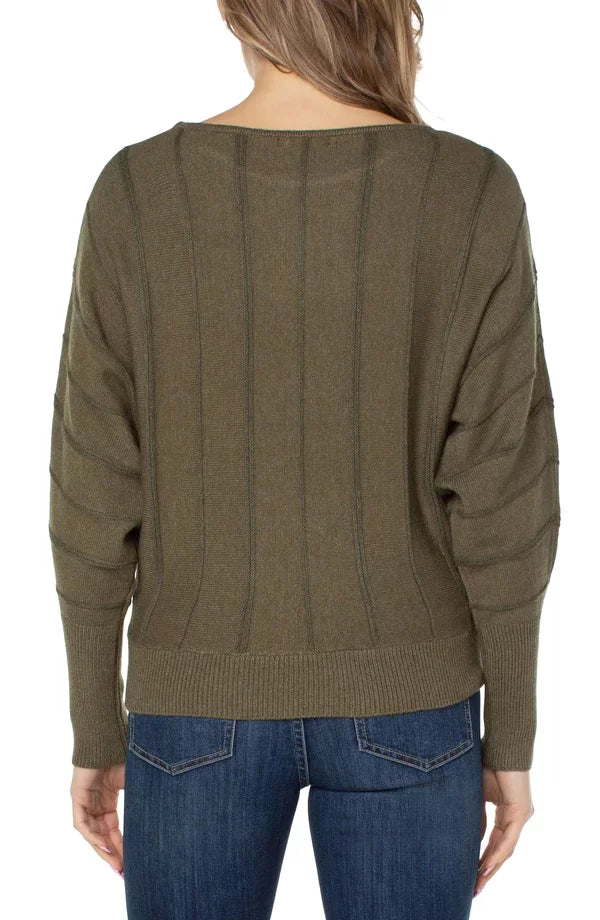 Back view of LIVERPOOL LONG SLEEVE DOLMAN SWEATER WITH STRIPE-MYRTLE HEATHER, featuring trendy coastal style.