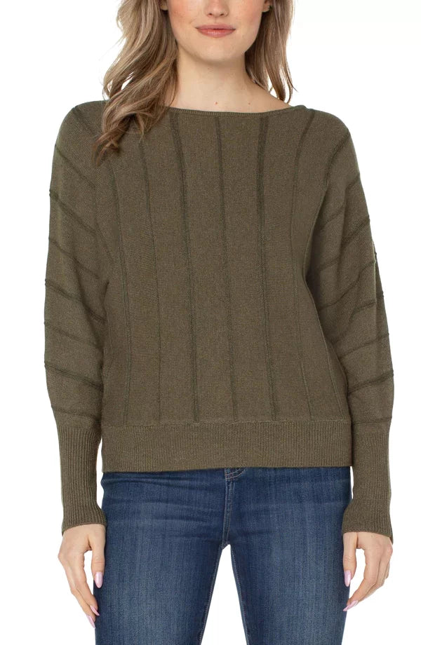 LIVERPOOL LONG SLEEVE DOLMAN SWEATER WITH STRIPE-MYRTLE HEATHER worn with jeans from Raggdoll Boutique, perfect for coastal fashion.
