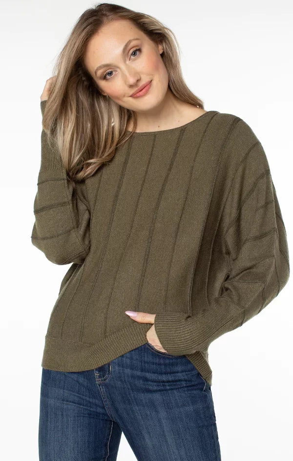 LIVERPOOL LONG SLEEVE DOLMAN SWEATER WITH STRIPE-MYRTLE HEATHER styled with denim for trendy coastal style.