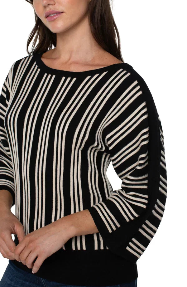 LIVERPOOL 3/4 DOLMAN SLEEVE SWEATER-BLK ECRU STRIPE from Raggdoll Boutique, Port Aransas boutique, trendy coastal style.