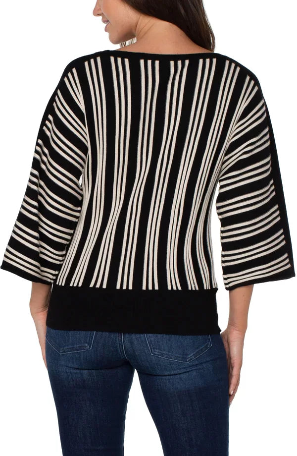 LIVERPOOL 3/4 DOLMAN SLEEVE SWEATER-BLK ECRU STRIPE back view, showcasing trendy coastal style from Raggdoll Boutique.