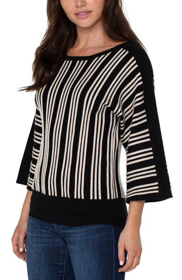 LIVERPOOL 3/4 DOLMAN SLEEVE SWEATER-BLK ECRU STRIPE displayed on a model, featuring trendy coastal style by Raggdoll Boutique.