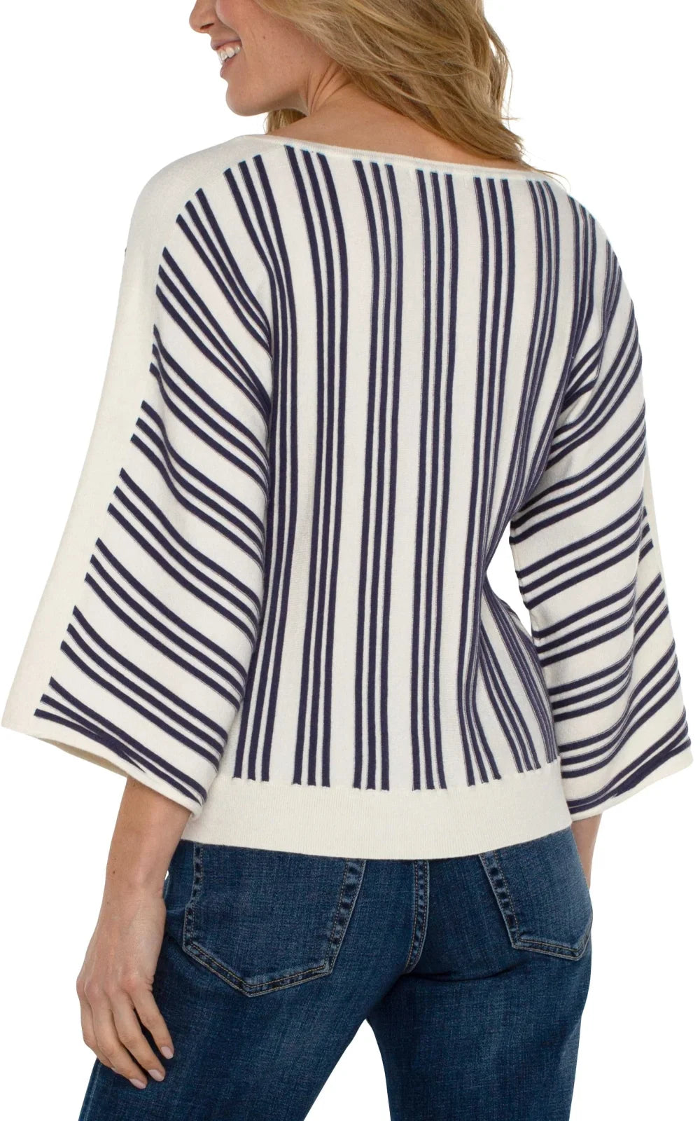 Liverpool cream/navy dolman sweater with 3/4 sleeves, perfect for coastal boutique clothing and stylish tops for women.