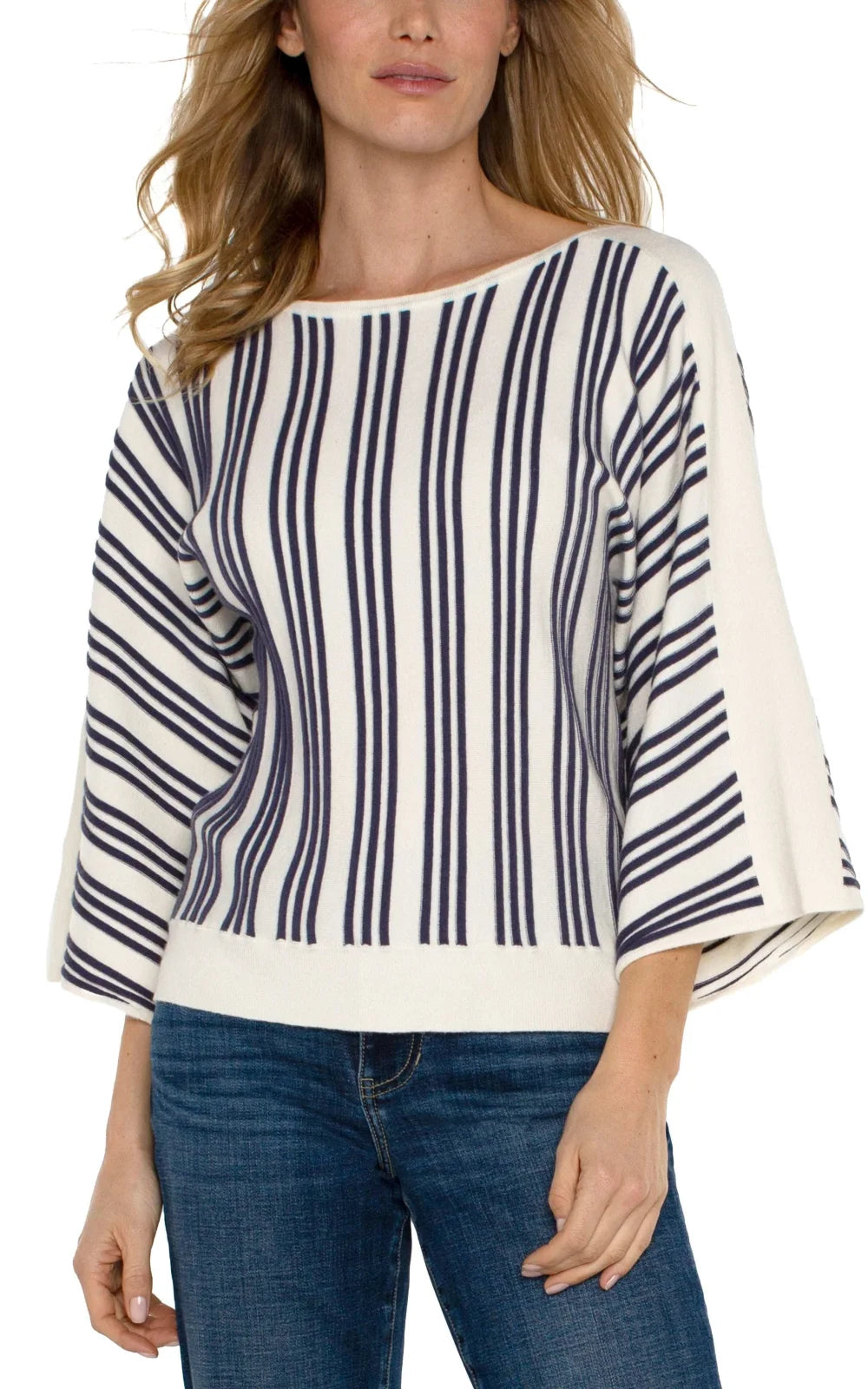 Liverpool Cream/Navy Striped Dolman Sweater, stylish top for women, perfect for Fall, from coastal boutique clothing.