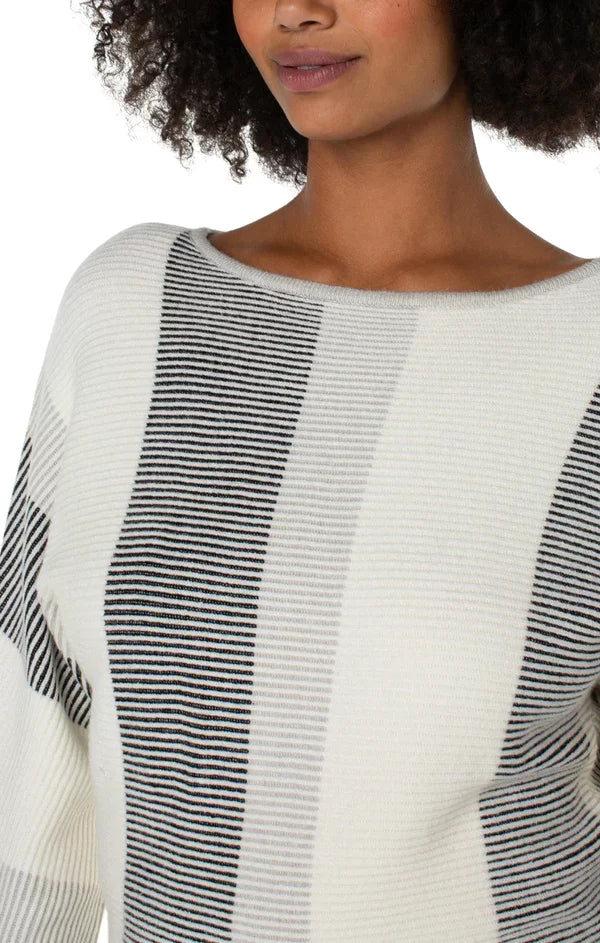 LIVERPOOL BOAT NECK DOLMAN SWEATER-CREAM BLACK displayed on model, featured at Raggdoll Boutique for trendy coastal style.