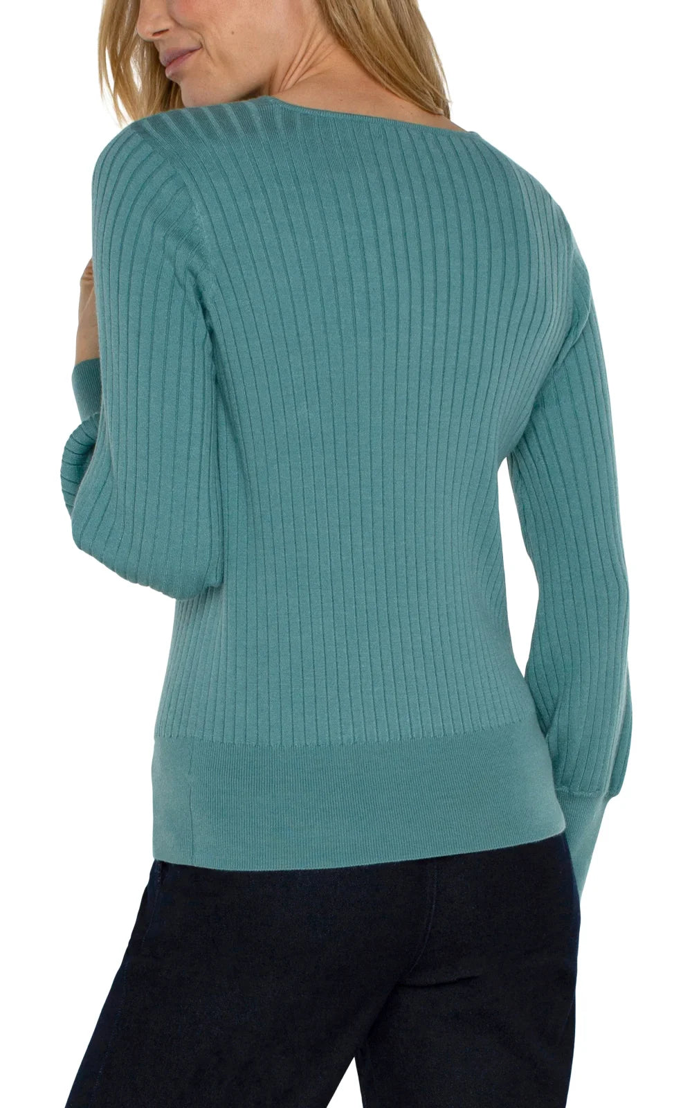 Back view of the Liverpool crew neck sweater in ocean color, perfect for coastal boutique clothing and stylish tops for women.