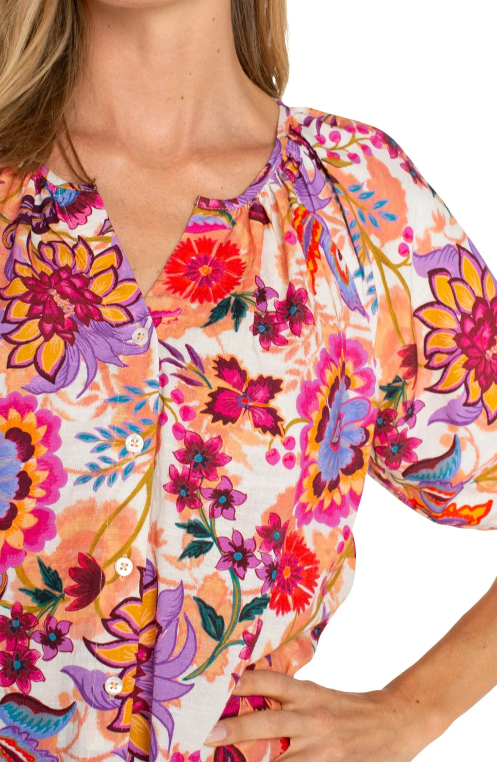 Floral paradise button front top, perfect for coastal boutique clothing and tropical vacation dresses, stylish women's fashion.