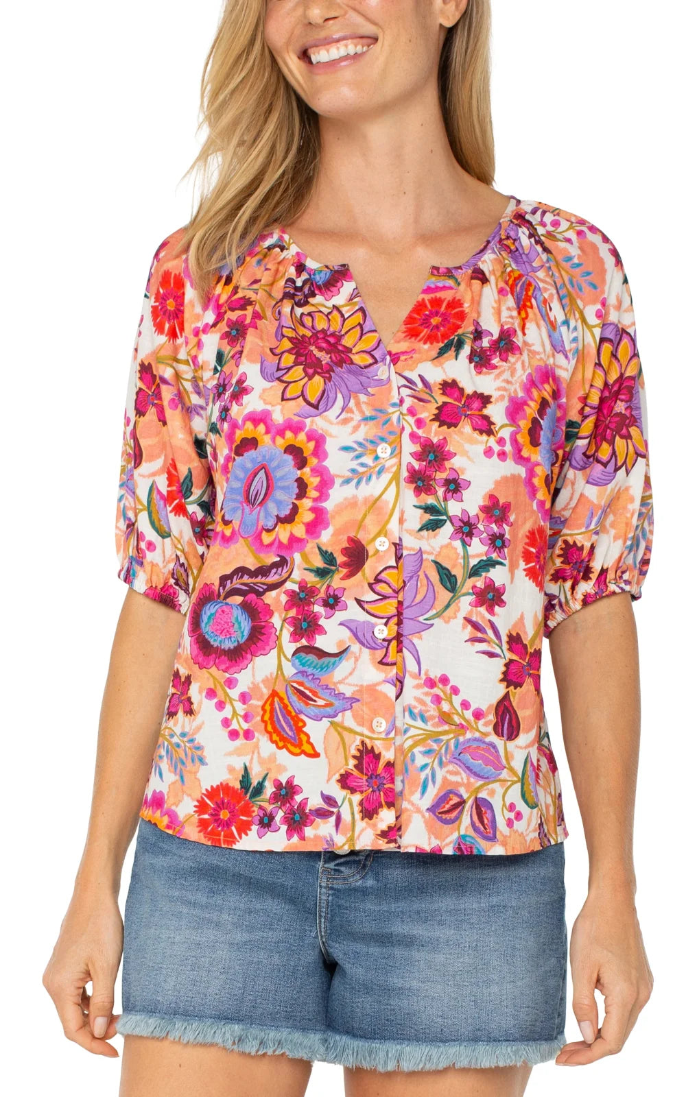 Stylish LP Floral Paradise Button Front Top with puff sleeves, ideal for coastal boutique clothing and tropical vacation outfits.