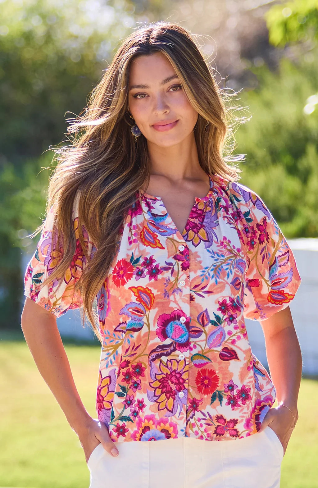 Floral paradise button front top featuring puff sleeves, perfect for curvy plus size fashion & Port Aransas boutique style.