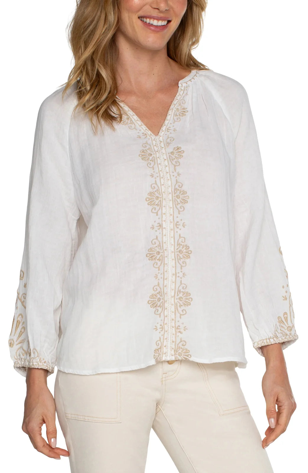 Liverpool White and Tan Embroidered Top from Raggdoll Boutique, perfect for summer outfits Texas.