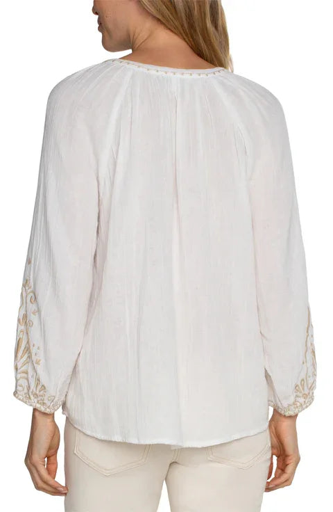 Liverpool White and Tan Embroidered Top back view, perfect for summer outfits Texas and coastal fashion boutique style.