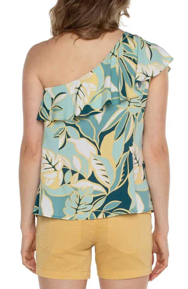 Liverpool Tropical Teal One-Shoulder Top worn with yellow shorts, showcasing trendy coastal style from Raggdoll Boutique.