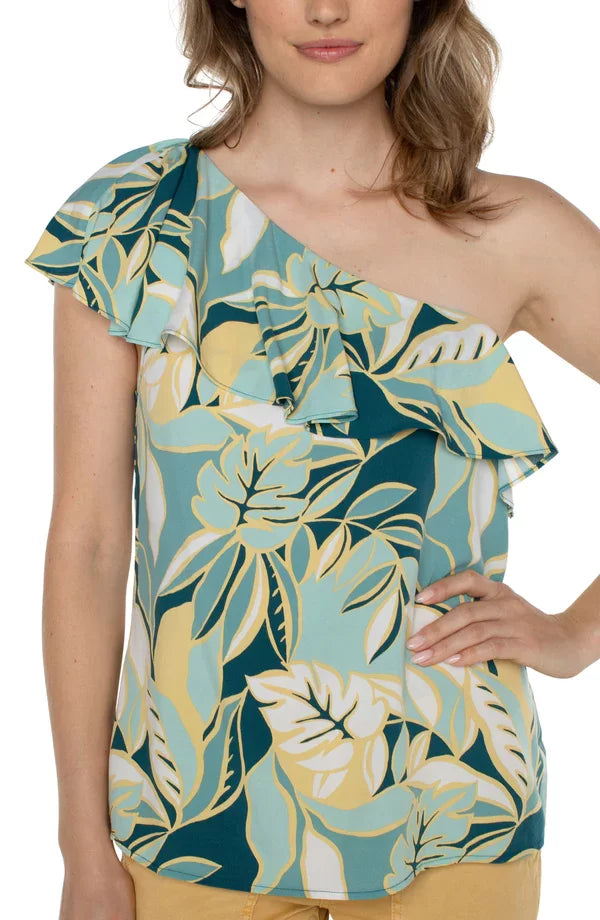Liverpool Tropical Teal One-Shoulder Top featuring a floral design, perfect for summer outfits Texas from Raggdoll Boutique.