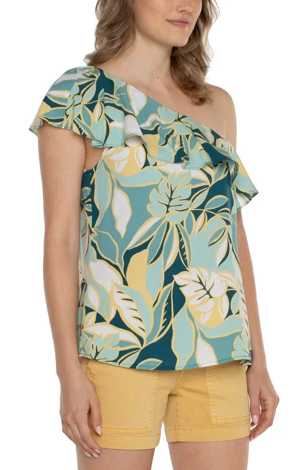 Liverpool Tropical Teal One-Shoulder Top paired with shorts, perfect for summer outfits Texas from Raggdoll Boutique.