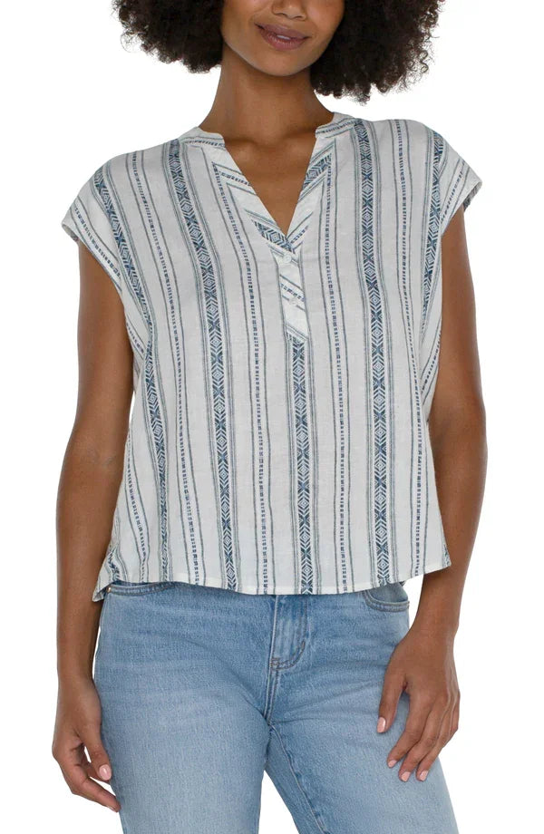 LIVERPOOL WOVEN DOLMAN TOP (NAVY/CREAM) model wearing stylish top from Raggdoll Boutique, perfect for vacation wardrobe.