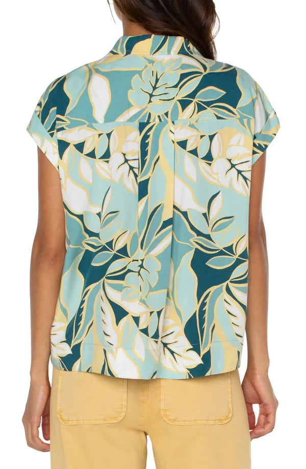 Liverpool Teal Tropical Button-up Top from Raggdoll Boutique, stylish coastal fashion for summer outfits in Texas.