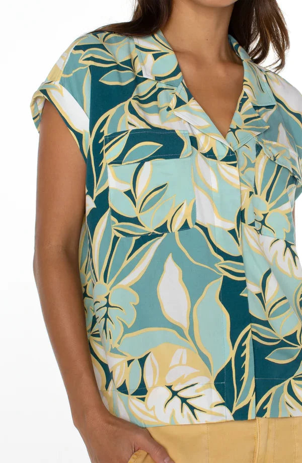 Liverpool Teal Tropical  Button-up Top from Raggdoll Boutique, perfect for trendy coastal style and summer outfits in Texas.