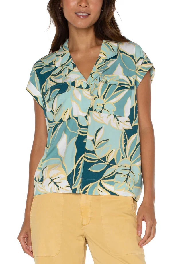 Liverpool Teal Tropical Button-up Top from Raggdoll Boutique, perfect for summer outfits and coastal fashion.