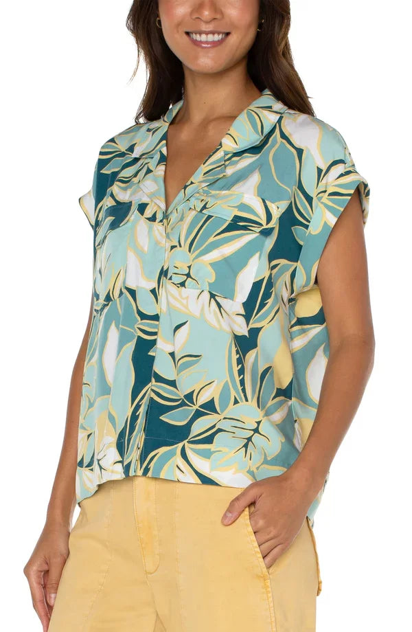 Liverpool Teal Tropical Button-up Top from Raggdoll Boutique, perfect for trendy coastal style and summer outfits Texas.