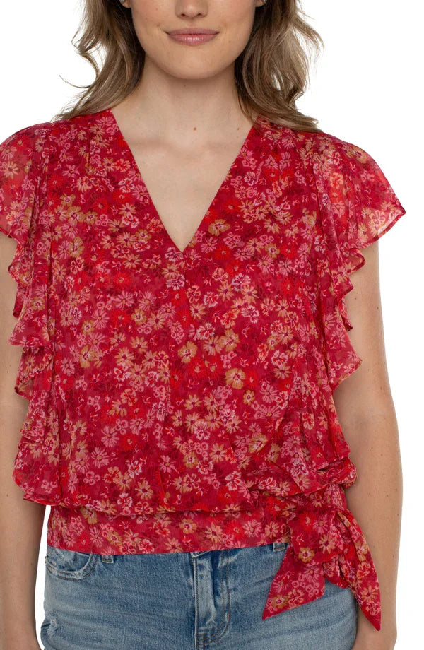Liverpool Berry Balsam Waist -Tie Top shown with floral print, ruffle sleeves, and waist tie, perfect for summer outfits Texas.