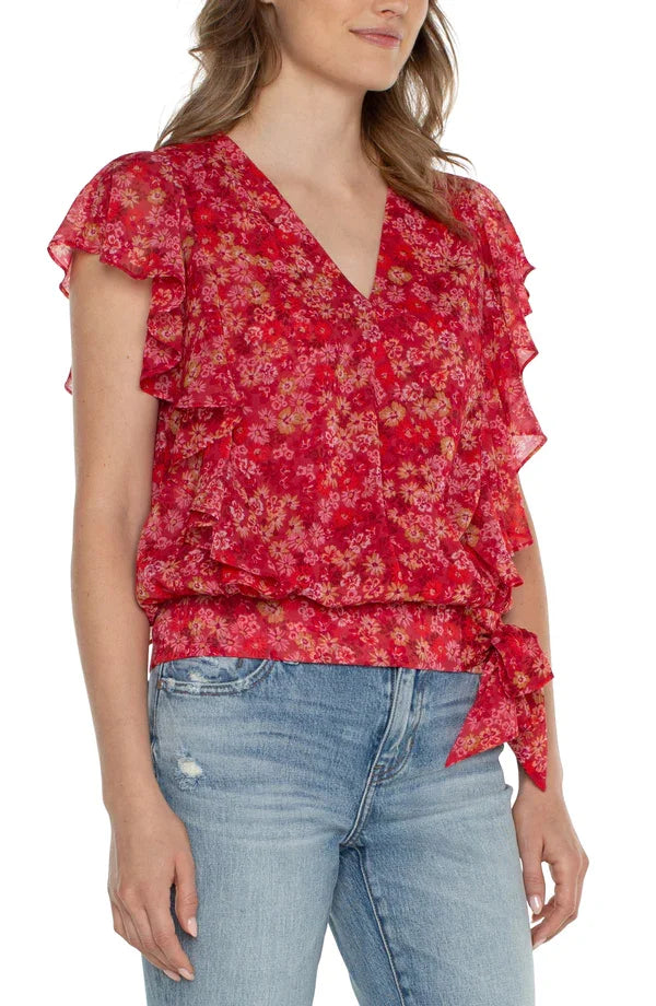 Liverpool Berry Balsam Waist -Tie Top featuring floral print, ruffle sleeves, and waist tie, perfect for summer outfits.