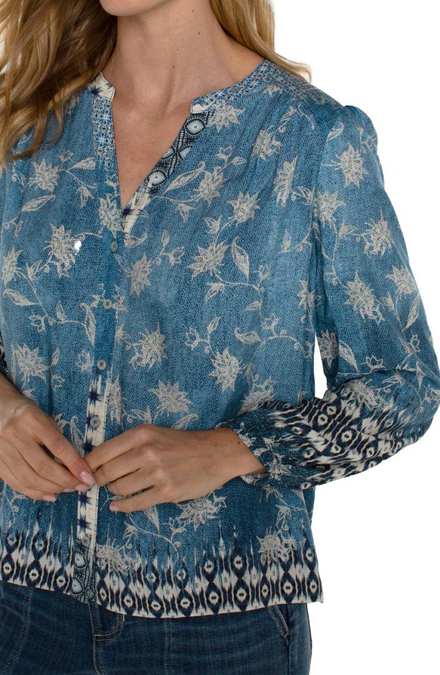 Stylish Liverpool floral long sleeve top for women, perfect for coastal boutique clothing and tropical vacation dresses.
