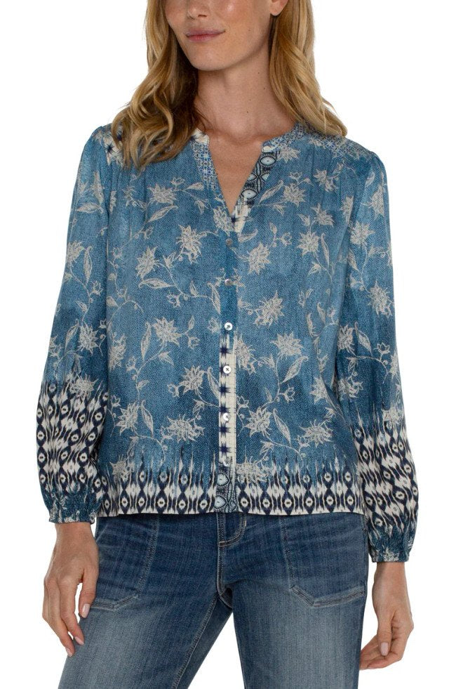 Liverpool patchwork floral long sleeve blouse from Port Aransas boutique, perfect for stylish coastal and tropical vacation outfits.