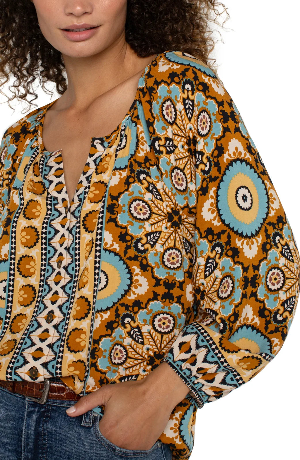 LP Ocean and Jasper Long-Sleeve Button Front Top, stylish floral pattern blouse, coastal fashion boutique.