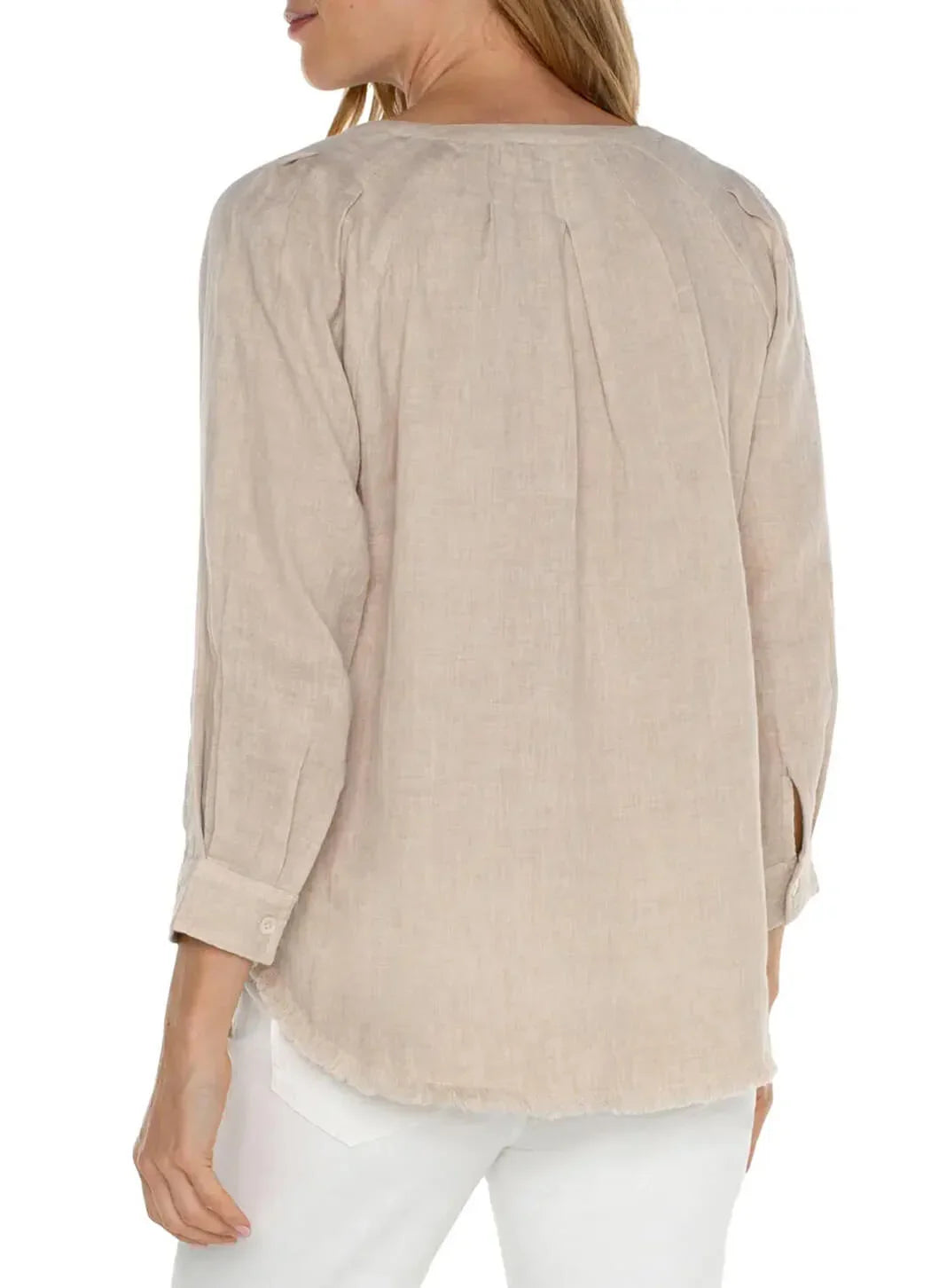 Liverpool Beige Raglan Top with Fray Hem showcasing a stylish back design from Raggdoll Boutique.