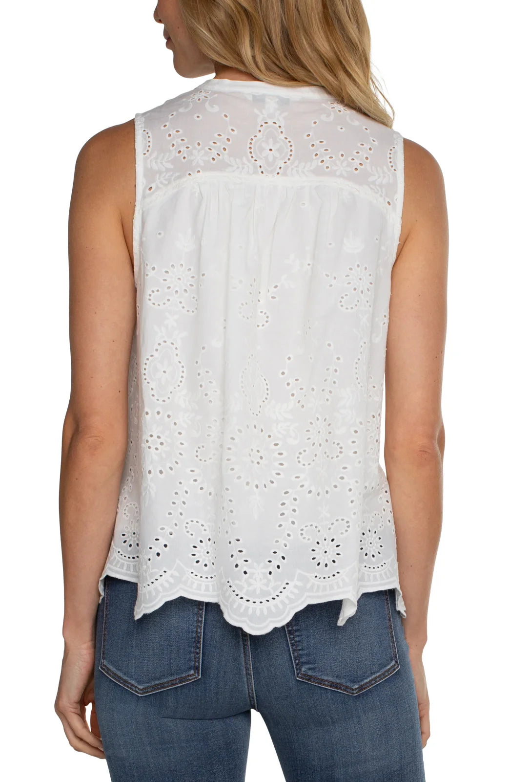 Liverpool White Eyelet Top Sleeveless showcased with a detailed back design, perfect for summer outfits Texas.
