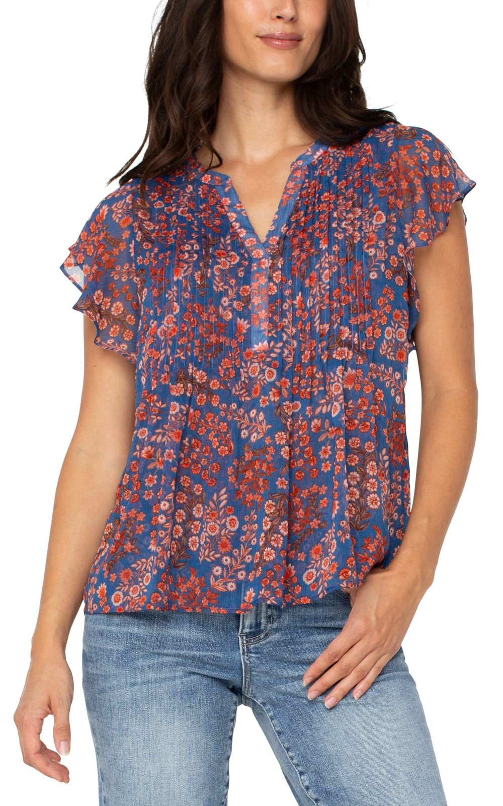 Liverpool blue/pink flutter sleeve top, perfect for coastal boutique clothing and tropical vacation dresses.