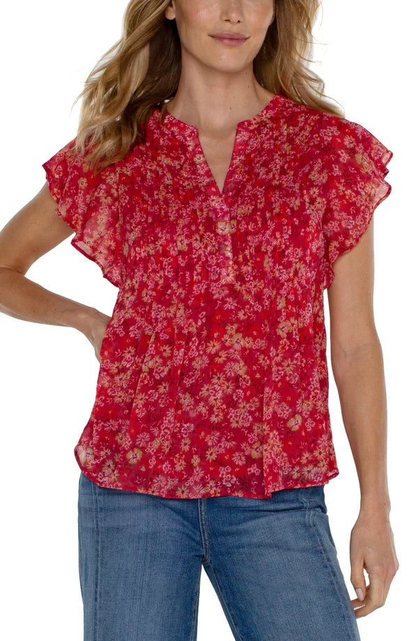 Liverpool Berry Blossom Flutter Sleeve Top(Petite) in vibrant red floral print, perfect for summer outfits Texas.