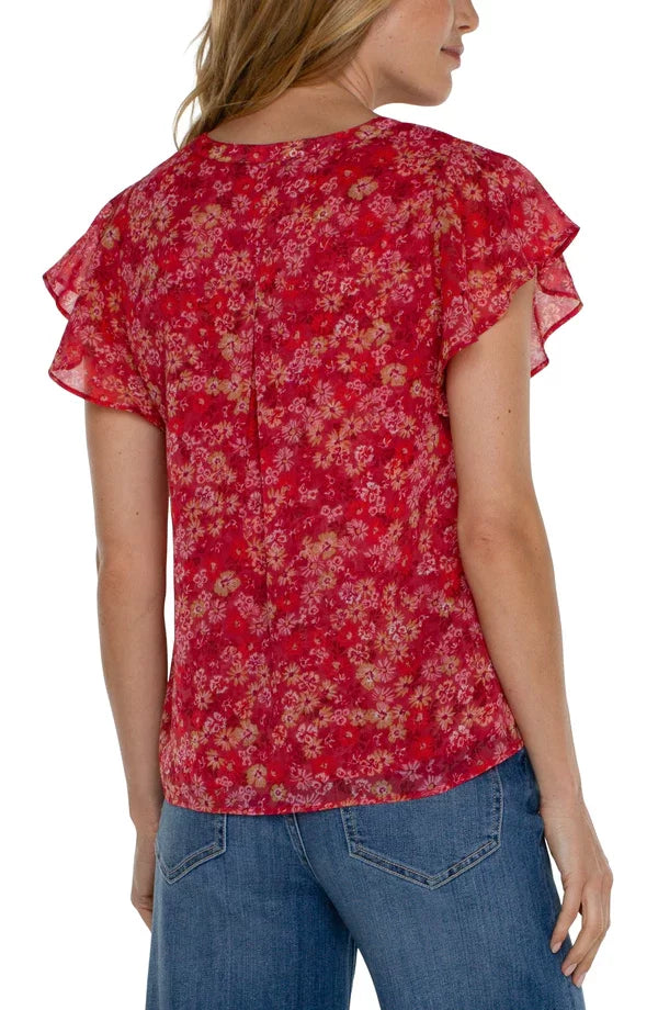 Liverpool Berry Blossom Flutter Sleeve Top(Petite) back view, perfect for summer outfits Texas from Raggdoll Boutique.