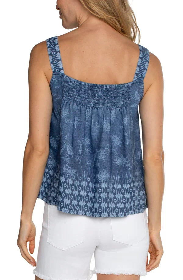 Liverpool Indigo Floral Chambray Tank Top showcased at Raggdoll Boutique, perfect for trendy coastal style and summer outfits Texas.